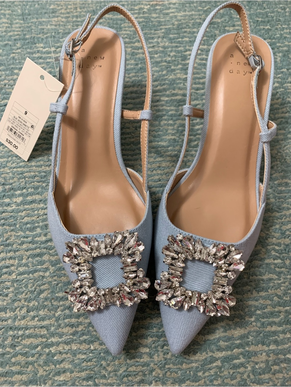 a new day Light Blue Chambray Jeweled Pointed Slingback Kitten Heel
